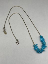 Turquoise Stone Beads On Sterling Silver Tube Bead Necklace, Marked 925 S, Star Hallmark, 17.5'