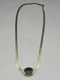 Silver Herringbone Necklace With Black Onyx 3/4' Slider Charm, Marked 925 Italy, 18'