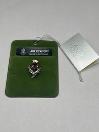 1990 Scottish Thistle Pin, Art Pewter Silver Pin With Round Cut Purple Stone, New On Card