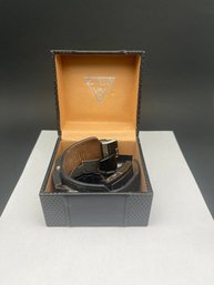 Two Men's GUESS Wristwatches - One With Leather Band & One With Stainless Link Bracelet, Worn, Need Batteries