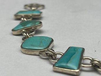 Geometric Polished Turquoise And Sterling Silver 8' Bracelet, Marked 925 LT, Toggle Clasp