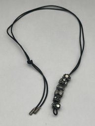 PANDORA Black Leather Cord Sliding Knot Necklace With Collection Of Sterling Silver  & Crystal Beads, ALE 925