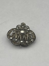 Cage Style Silver Toned Clam Shaped Pendant, Ornate Filigree Open Work Design, No Markings, 1'