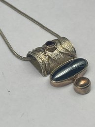Artisan Made Sterling Silver 1.25' Pendant W/Magnetite & Stone Accent, On Sterling 16' Chain, Both Marked 925