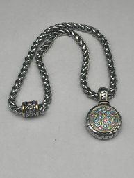 Multicolor Stone Cage Style Pendant With Clasping Bale On 17' Necklace, Magnetic Clasp, Style Of John Hardy