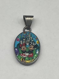 DISNEY Sterling Silver Mickey And Minnie Mouse Painted Pendant With Cinderella's Castle In The Background, 1'
