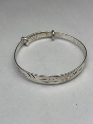 .999 Fine Silver Vintage Asian Floral Engraved Adjustable Bangle Bracelet, 2.5', Chinese Markings