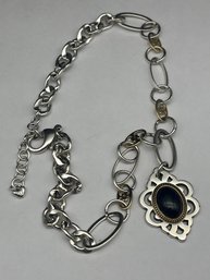 BRIGHTON Two Toned Necklace With Dark Oval Cabochon Stone Pendant, Adjustable Station Necklace, 18'-20'