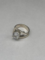 Modernist Sterling Ring With Oval Faceted Solitaire Stone, Basket Setting, Adjustable Band, Size 7, Marked 925