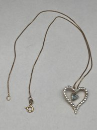 Two Toned Heart Pendant With Ice Blue Stone Dangling Charm, On Gold Toned Sterling 18' Necklace, Marked 925