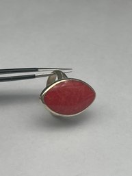 Polished Red Stone / Coral Sterling Silver Ring, Almond Shape, Stamped 925, Size 6.5