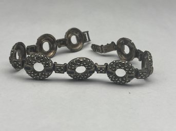 Sterling Silver, Marcasite And Onyx Circle Link Bracelet, Marked 925, 7'