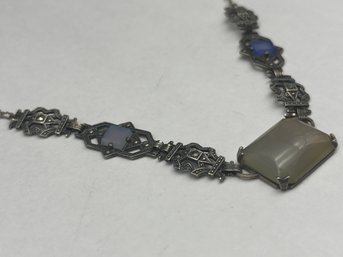 Art Deco Stone And Marcasite Vintage Necklace, 15' Length, Marked Sterling Italy