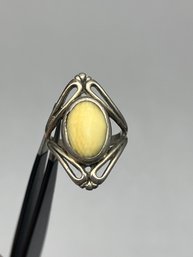 White Butterscotch Colored Stone Inlaid In Sterling Silver Ring, Size 5.5, Unmarked