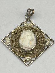 800 Silver Two Toned Carved Shell Cameo Square Pendant, Thin Wire Metal Work, 1'