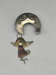 Whimsical Tri-Metal Angel And Moon Brooch, Art Deco, About 3' Long
