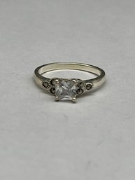 Sterling Ring With Princess Cut Clear Stone With Marcasite Side Stones, Marked 925, Size 6