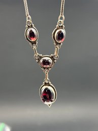 Sterling Silver And Garnet Cabochon Festoon Style Necklace, Wheat Link Chain, Adjustable 16'-17', Marked 925