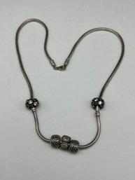 PANDORA Snake Chain 19' Necklace With Slider Charms And Threaded Bead Spacers, Marked ALE 925