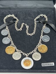 Sterling Silver Italian Lira Coin Charm Necklace, 20', Chain Marked 925, Real Coins Converted To Pendants
