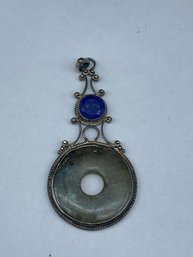 Artisan Made Pendant With Agate And Lapis Lazuli Stones, Filigree Wirework, Unmarked, 2.75'