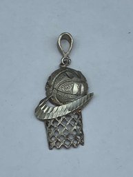 Sterling Silver 925 Large Basketball And Hoop Pendant With Nike Swoosh, 1.5'
