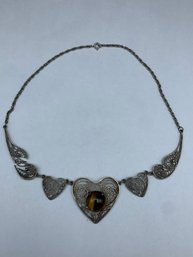 Intricate Wirework Filigree Collar Necklace With Heart Center And Cabochon Tigers Eye Solitaire, 18'