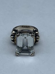 LAGOS Caviar Glacier Sterling Silver Large Asscher Cut White Topaz Ring With 18K Yellow Gold Accents, Size 7