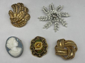 Sarah Coventry 2.5' Rhinestone Snowflake Brooch, Capri Feathers Pin, And Other Designer Vintage Brooches