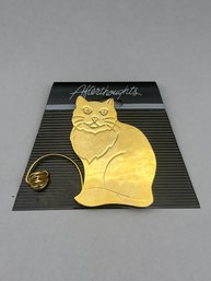 Shining Gold Toned Metal Cat With Yarn Ball Brooch, Sitting Cat, 1.75'