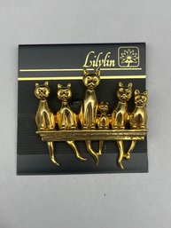 Cats On A Ledge, Perched Cats Brooch, Gold Toned Metal, 2.25' Long
