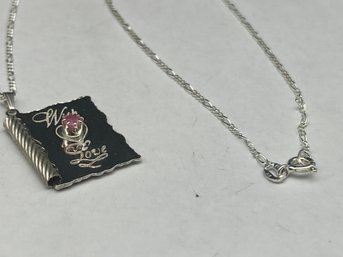 Book Style Pendant With Pink Stone, With Love, Sterling Silver 925 On 19' Thin 925 Figaro Link Necklace