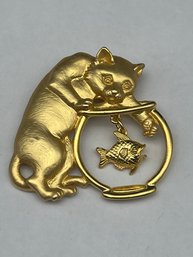 Gold Toned Vintage Signed JJ Jonette Jewelry Cat And Fish Bowl Brooch, Dangling Fish Charm, 2'