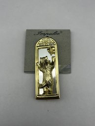 Signed AJC Brooch, Cat Reaching For Butterfly With Mirror Reflection, Gold Toned, 2.5'