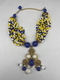 Vibrant Beaded BoHo Style Collar Necklace, Multistrand With Large Pendant, Adjustable 11-14'