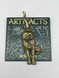 Signed JJ Jonette Vintage Antiqued-Gold Toned Cat Carrying Kitten Brooch, 3'
