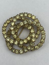 Sparkling Interlocking Circle Brooch, Gold Toned Setting And Light Green Rhinestones, 1.75'