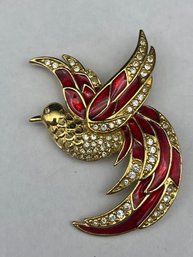 GIORGIO Red Enamel And Crystal Gold-Toned Metal Songbird Brooch Pin, 2.25'