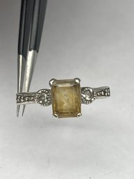 Sterling Silver Ring With Basket Set Emerald Cut Pale Yellow Gemstone, Clear Stone Accents, Marked 925 A, Sz 9