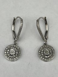 Round Diamond Halo Drop Dangle Leverback Sterling Silver Earrings, Made In INDIA, 925, 1'