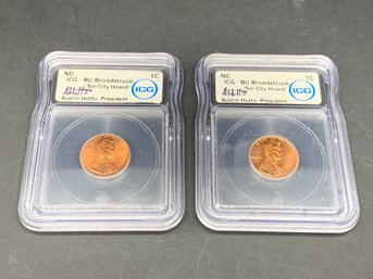 1994 And 1998 Lincoln Pennies, ICG - BU Broadstruck, 'Sin City Hoard', Signed By Austin Hutto, President