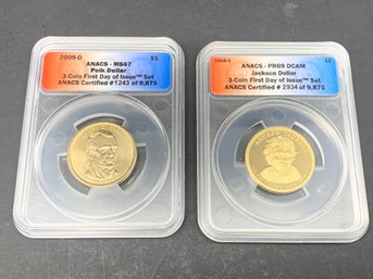 2008-S Jackson Dollar PR69 DCAM & 2009-D Polk Dollar MS67, ANACS Certified Presidential Dollar Coins