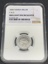 2000 Tunisia 1 Millim Coin, Brilliant Uncirculated By NGC, Commemorative Food & Agriculture Org