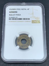 GENUINE VS2009 (1952) Nepal 4P Bullet Paisa, NGC Genuine 4 Paisa