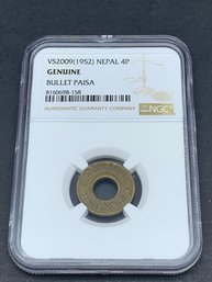 GENUINE VS2009 (1952) Nepal 4P Bullet Paisa, NGC Genuine 4 Paisa