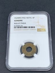 VS2009 (1952) Nepal 4P Bullet Paisa, NGC Genuine 4 Paisa