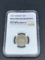 1981 Norway 50O, Fifty Ore, NGC Brilliant Uncirculated