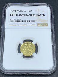 1993 Macau 10A, Brilliant Uncirculated, NGC Coin Slab, Ten Avos