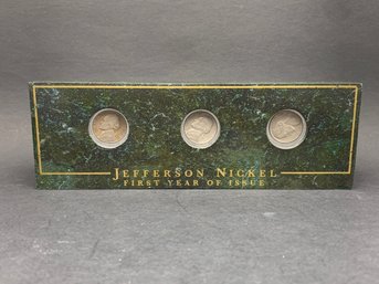 1958 Jefferson Nickel, First Year Of Issue, Set Of 3, Collectible Coins Of America, In Display Case