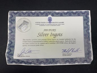 .999 Pure Silver Ingots With COA, US Commemorative Gallery, Ingots Approx. 0.5' Each